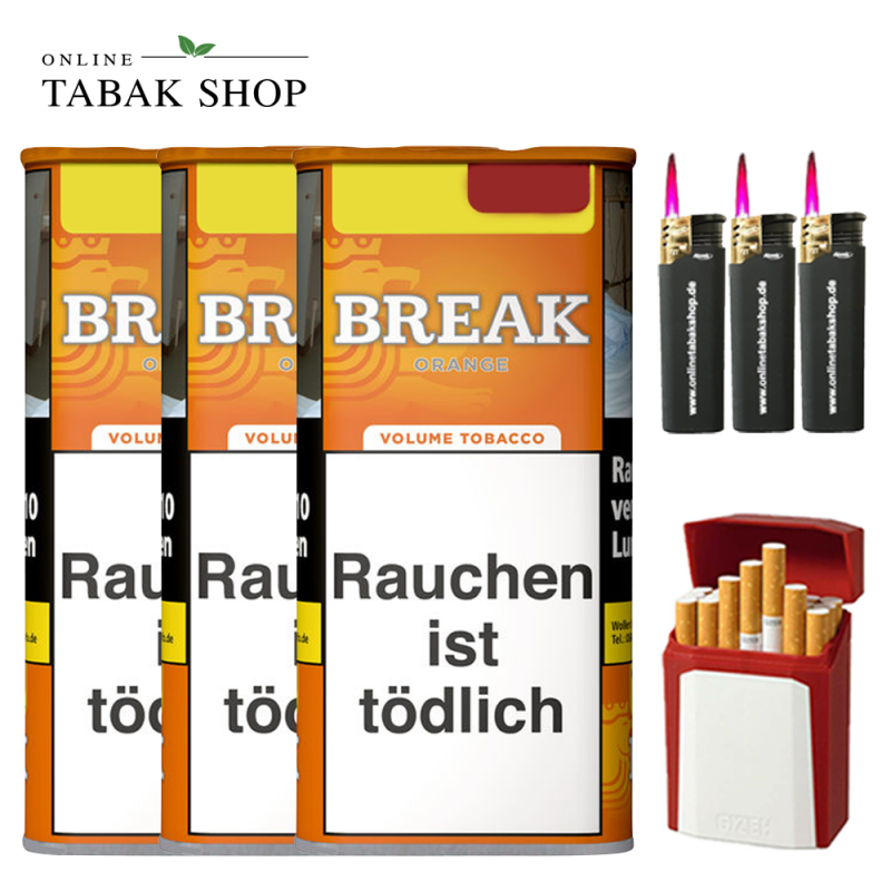 3x BREAK Orange Tabak 85g Dose + 3 Sturmfeuerzeuge + GIZEH Flip Case
