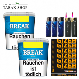 Break Blue Volumentabak (2 x 215g) + 1.200 Gizeh Full Flavor Extra Hülsen + 3 Feuerzeuge + 2 Sturmfeuerzeuge - 82,70 €