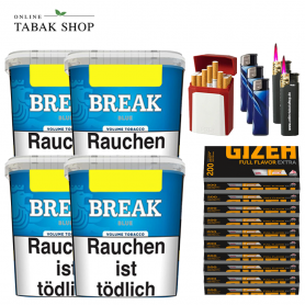 Break Blue Volumentabak (4 x 215g) + 2.000 Gizeh Full Flavor Extra Hülsen + 3 Feuerzeuge + 2 Sturmfeuerzeuge + 1 Gizeh Etui - 157,99 €