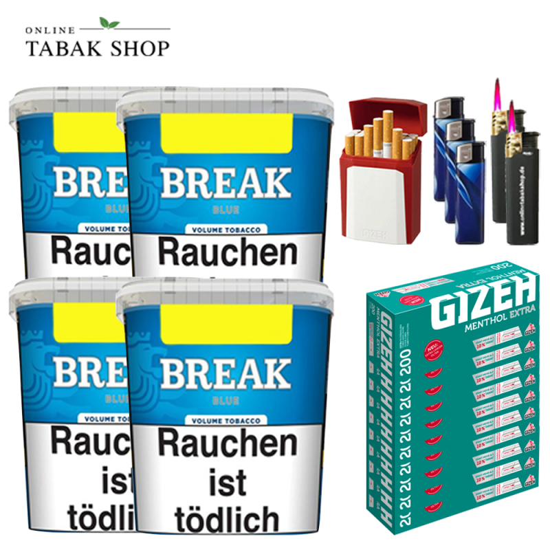 Break Blau Tabak (4 x 215g) + 2.000 Gizeh Menthol Extra Hülsen + 3 Feuerzeuge + 2 Sturmfeuerzeuge + 1 GIZEH Etui
