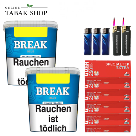 BREAK Blue Tabak (2 x 220g) + 1.250 GIZEH Special Tip "Extra" Hülsen + 3 Feuerzeuge + 2 Sturmfeuerzeuge