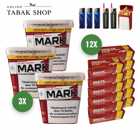 Mark 1 Volumen Tabak (3 x 400g) + 2.400 Break PLUS Hülsen + 2 Sturmfeuerzeug + 3 Feuerzeuge + 1 Gizeh Etui - 182,80 €