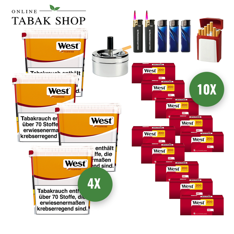 4x West Yellow Tabak 245g Eimer + 2000 West Red Hülsen + 2 Sturmfeuerzeuge + 3 Feuerzeuge + 1 GIZEH Etui + 1 Drehascher 9cm