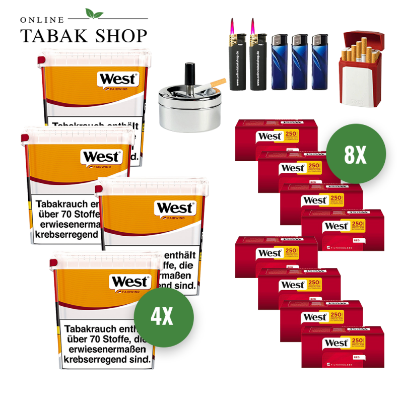 4x West Yellow Tabak 245g Eimer + 2000 West Red Special Hülsen + 2 Sturmfeuerzeuge + 3 Feuerzeuge + 1 GIZEH Etui + 1 Drehascher