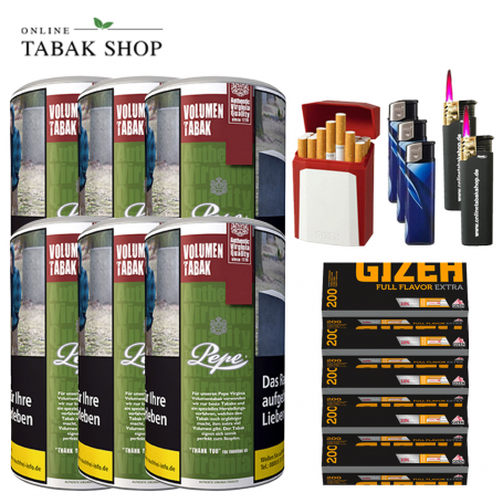 6 x Pepe Rich Green Volumentabak Tabak 85g + 1000 Gizeh Flavor Extra Hülsen 1xEtui , 3xFeuerzeuge , 2x Sturmfeuerzeuge