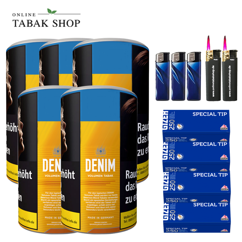 Denim Volumentabak (5 x 85g) + 1.000 Gizeh Special Tip Hülsen + 3 Feuerzeuge + 2 Sturmfeuerzeuge