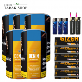 Denim Volumentabak (5 x 90g) + 1.000 GIZEH Full Flavor EXTRA Hülsen + 3 Feuerzeuge + 2 Sturmfeuerzeuge - 85,90 €