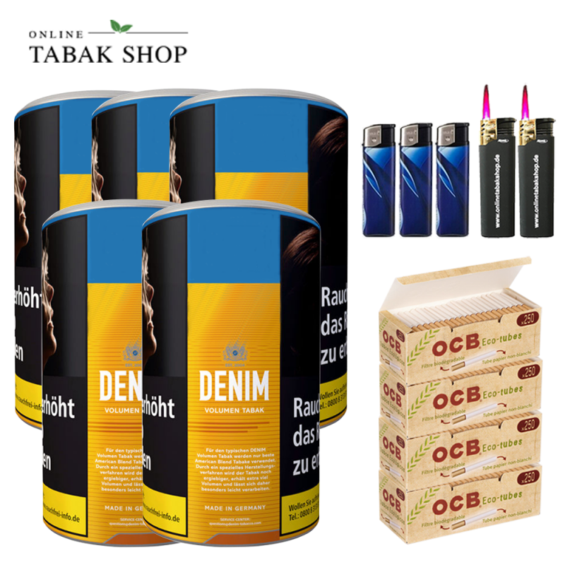 Denim Volumentabak (5 x 85g) + 1.000 OCB Organic Hülsen + 3 Feuerzeuge + 2 Sturmfeuerzeuge
