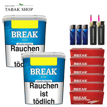 Break Blau Volumentabak (2x230g),1.200 Break Hülsen , 3 Feuerzeuge , 2 Sturmfeuerzeuge