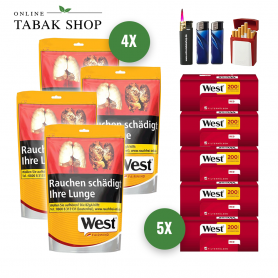 West Yellow Volumen Tabak (4 x 115g) + 1.000 West Red Hülsen + 2 Feuerzeuge + 1 Sturmfeuerzeug + 1 GIZEH Etui - 103,80 €