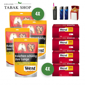 West Yellow Volumen Tabak (4 x 115g) + 1.000 West Red EXTRA Hülsen + 2 Feuerzeuge + 1 Sturmfeuerzeug + 1 GIZEH Etui - 103,80 €