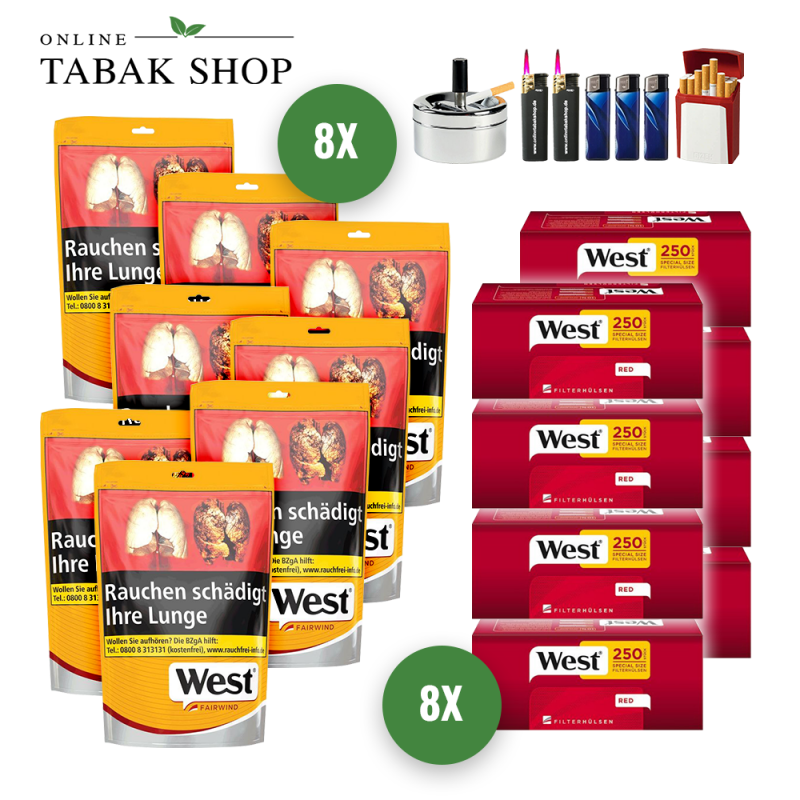 West Yellow Volumen Tabak (8 x 93g) + 2.000 West Red EXTRA Hülsen, 2 Feuerzeuge, 1 Sturmfeuerzeug, 1 Gizeh Etui