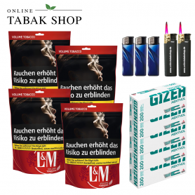 L&M Volumen Tabak Red XL Beutel (4x 100g), 1000 Menthol Hülsen, 3x Feuerzeuge, 2x Sturmfeuerzeuge - 106,30 €