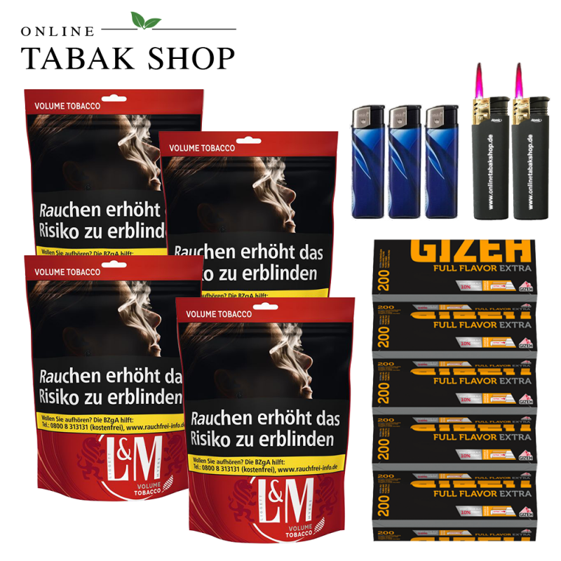 L&M Volumen Tabak Red XL Beutel (4x 100g),1.000 Gizeh Extra Hülsen, 3x Feuerzeuge, 2x Sturmfeuerzeuge