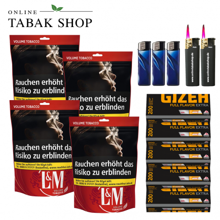 L&M Volumen Tabak Red XL Beutel (4x 155g),1.000 Gizeh Extra Hülsen, 3x Feuerzeuge, 2x Sturmfeuerzeuge