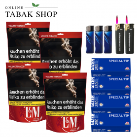 L&M Volumen Tabak Red XL Beutel (4x 100g), 1.000 Gizeh Special Hülsen, 3x Feuerzeuge, 2x Sturmfeuerzeuge - 106,30 €