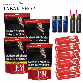 L&M Volumen Tabak Red XL Beutel (4x 100g), 1000 LM Rot Standard Hülsen, 3x Feuerzeuge, 2x Sturmfeuerzeuge - 106,30 €