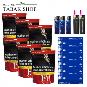 L&M Volumen Tabak Red XL Beutel (6x 100g ), 1500 Gizeh Special Hülsen, 3x Feuerzeuge, 2x Sturmfeuerzeuge - 154,20 €