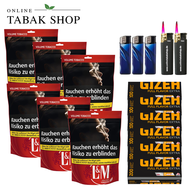 L&M Volumen Tabak XL Beutel (6 x 100g), 1600 Gizeh Black Extra Hülsen, 3x Feuerzeuge, 2x Sturmfeuerzeuge