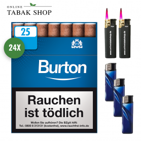 24x25er Burton WHITE / BLUE Filterzigarillos + 3 Feuerzeuge + 2 Sturmfeuerzeuge - 84,05 €