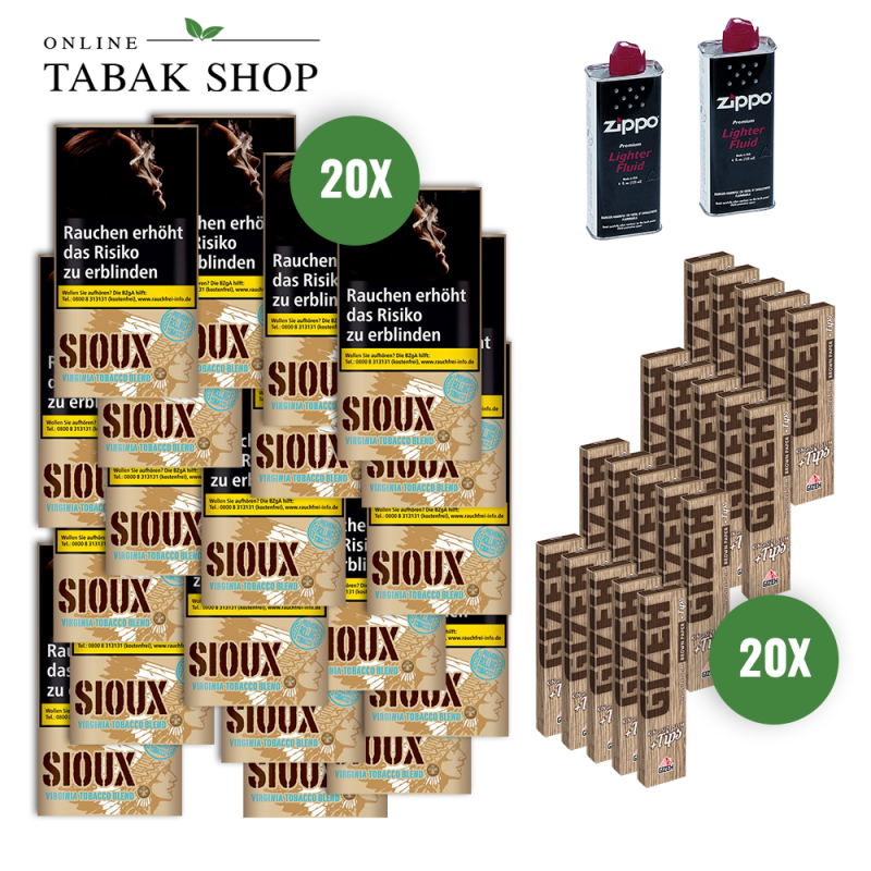 Sioux Virginia Blue Tabak (20 x 30g) + GIZEH Brown King Size Slims & Tips (20 x 34er) + 2 Zippo Benzin