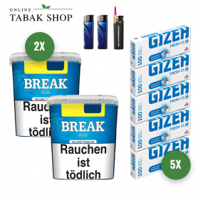 Break Blau Volumentabak (2x 230g), Gizeh Fresh Cliq Hülsen (5x 100er), 2 Feuerzeuge , 1 Sturmfeuerzeug - 79,10 €