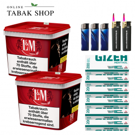 L&M Red Volumen Tabak Super Box (2 x 220g) + 1.200 GIZEH Menthol Hülsen + 3 Feuerzeuge + 2 Sturmfeuerzeuge - 108,65 €
