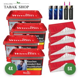 Winston Volumen Tabak Mega Box (4 x 140g) + 1.000 Marlboro Rot Hülsen + 3 Feuerzeuge + 5 Sturmfeuerzeuge - 143,40 €