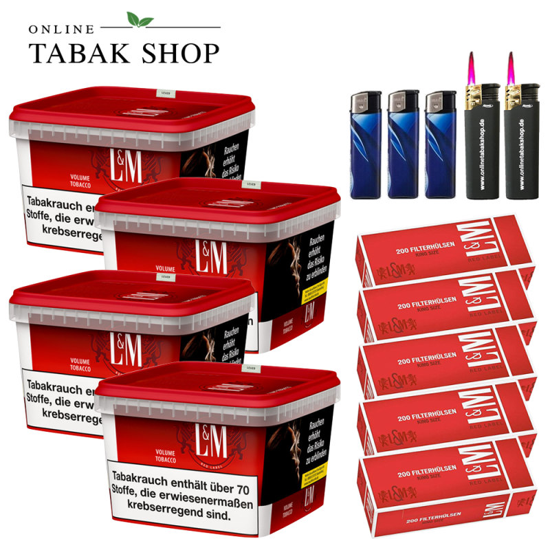 L&M Tabak Red Mega Box (4 x 120g) + 1.000 L&M Red Hülsen + 3 Feuerzeuge + 2 Sturmfeuerzeuge