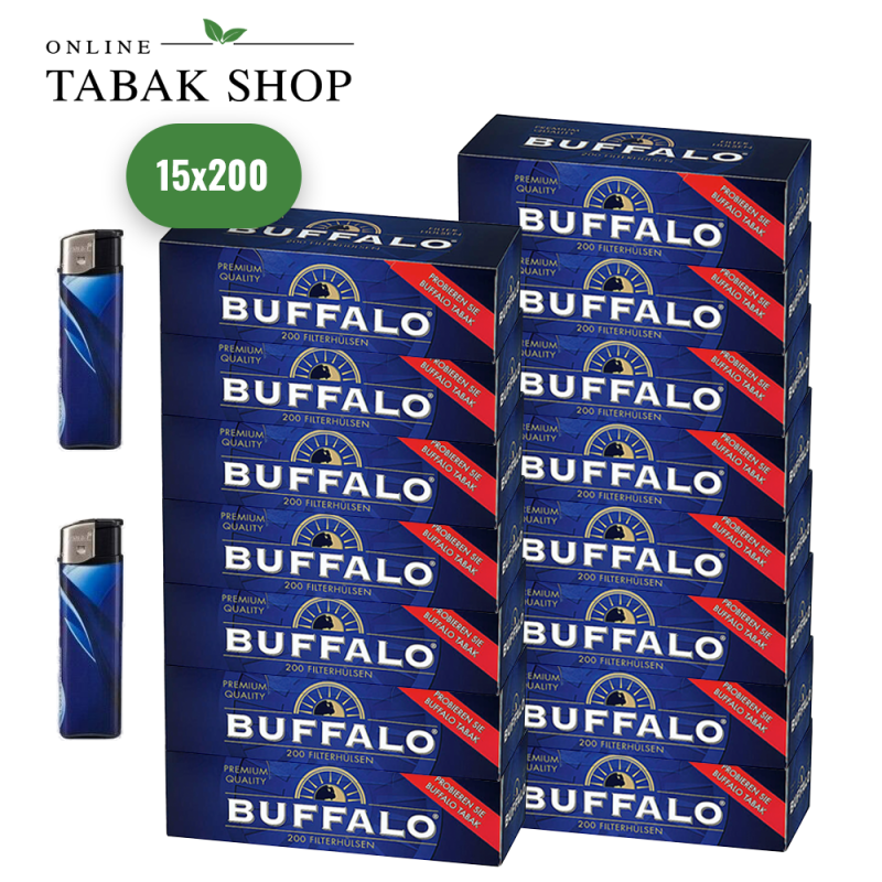 Buffalo Premium Standart Hülsen 15x200er (3000 Hülsen) + 2 Feuerzeuge