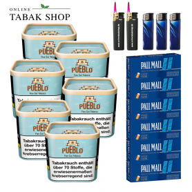 PUEBLO "Blue" Tabak (6 x 100g) + 1.200 Pall Mall Blue Xtra Hülsen + 2 Sturmfeuerzeuge + 3 Feuerzeuge - 106,50 €