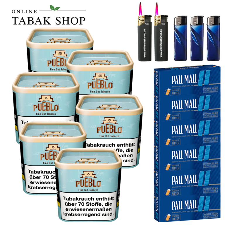 PUEBLO "Blue" Tabak (6 x 100g) + 1.200 Pall Mall Blue Xtra Hülsen + 2 Sturmfeuerzeuge + 3 Feuerzeuge