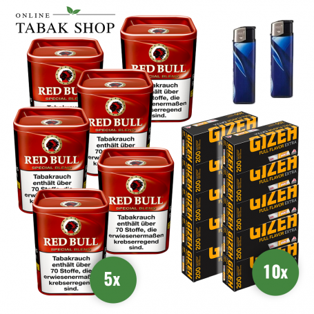 Red Bull "Special Blend" Feinschnitt-Tabak (6 x 120g) + 2.000 GIZEH Full Flavor EXTRA Hülsen + 2 Feuerzeuge