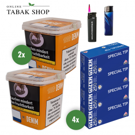 2x Denim Volumentabak Giga Box 315g + 1000 Gizeh Special Tip Hülsen + 1 Sturmfeuerzeug + 1 Feuerzeug