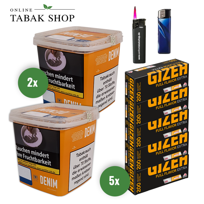 Denim Giga Box (2 x 315g) + 1.000 Gizeh Full Flavor Extra Hülsen + 1 Sturmfeuerzeug + 1 Feuerzeug