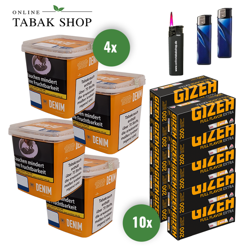 Denim Giga Box (4 x 315g) + 2.000 Gizeh Full Flavor Extra Hülsen + 1 Sturmfeuerzeug + 2 Feuerzeuge