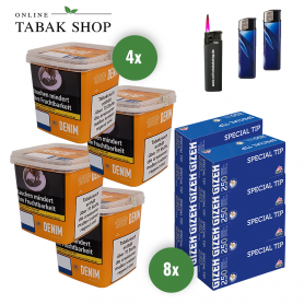 4x Denim Volumentabak Giga Box 315g + 2000 Gizeh Special Tip Hülsen + 1 Sturmfeuerzeug + 2 Feuerzeuge