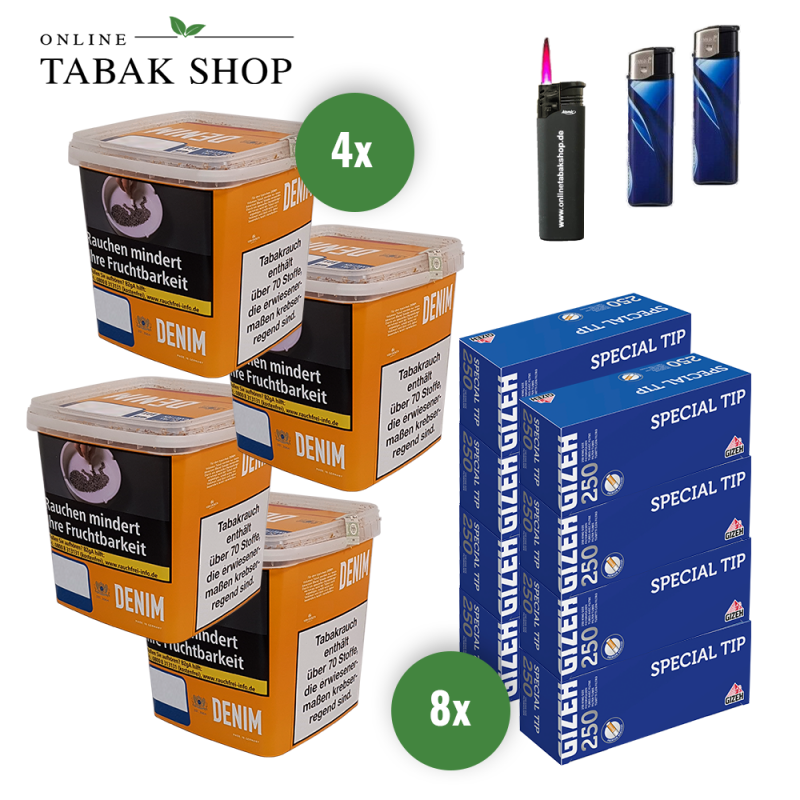 Denim Giga Box (4 x 315g) + 2.000 Gizeh Special Tip Hülsen + 1 Sturmfeuerzeug + 2 Feuerzeuge