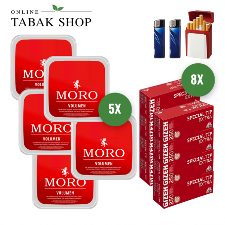 Moro Rot Volumen Tabak (5 x 175g) + 2.000 GIZEH Special Tip EXTRA Hülsen + 2 Feuerzeuge + 1 GIZEH Etui