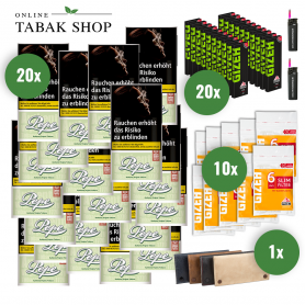 PEPE Tabak (20 x 30g) + GIZEH Fine Blättchen (20 x 50er) + GIZEH Slim Filter 6mm (10 x 120er) + 2 Sturmfeuerzeuge + Pouch Bag - 118,60 €
