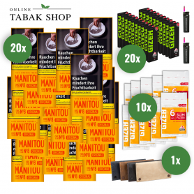 MANITOU Tabak (20 x 30g) + GIZEH Fine Blättchen (20 x 50er) + GIZEH Slim Filter 6mm (10 x 120er) + 2 Sturmfeuerzeuge + Pouch Bag - 116,60 €