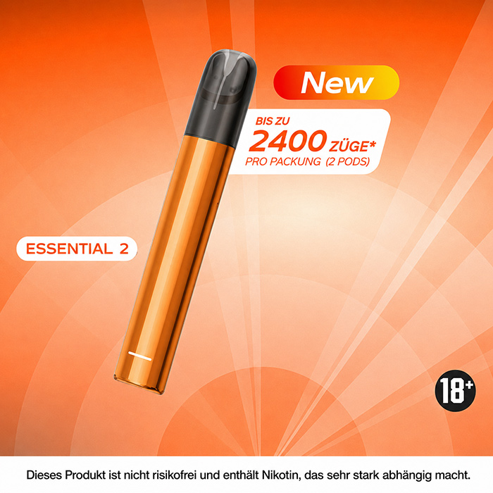 RELX Essential 2 mit aufgestecktem Pod Real, seitlich USB-C sichtbar