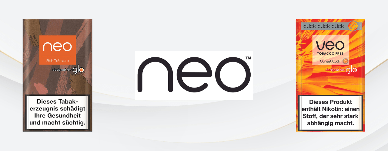 Zwei unterschiedliche Verpackungen von glo sticks: veo und neo