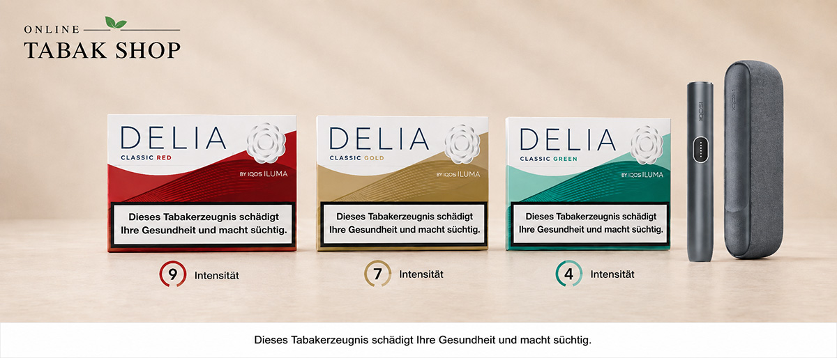 IQOS DELIA Sorten nach Intensität nebeneinander stehend: Red, Gold, Green. Daneben ein ILUMA i Tabakerhitzer