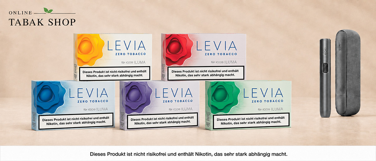 IQOS LEVIA: Tabakfreie Sticks für IQOS ILUMA IQOS LEVIA Sticks: Die Packungen von LEVIA Alpine, Dark Berry, Glacial, Red Berry und Exotic neben einer kompatibeln ILUMA i