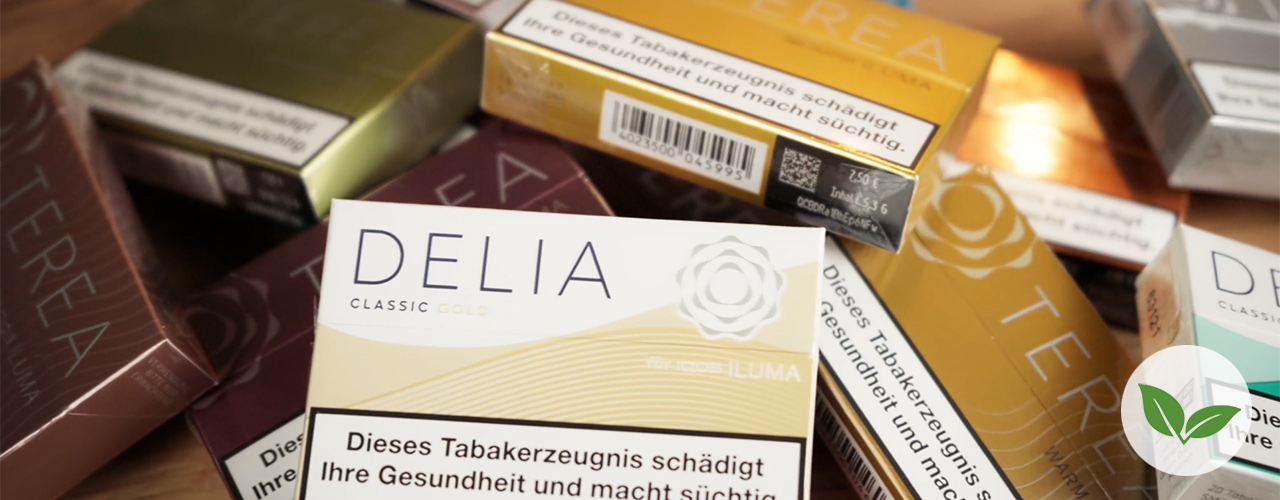 IQOS Zigaretten aufeinander gestapelt - Tabakstick Packungen von TEREA, DELIA und LEVIA