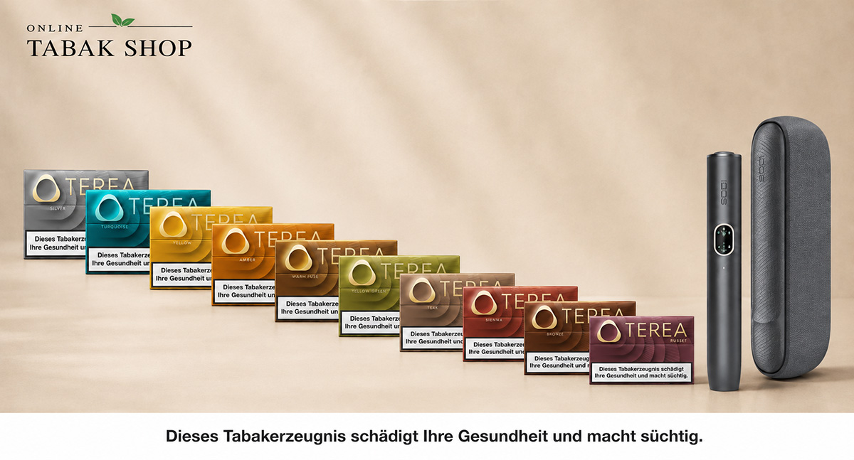 IQOS TEREA Sorten nebeneinander nach Stärke aufgereiht mit einem IQOS ILUMA i Gerät