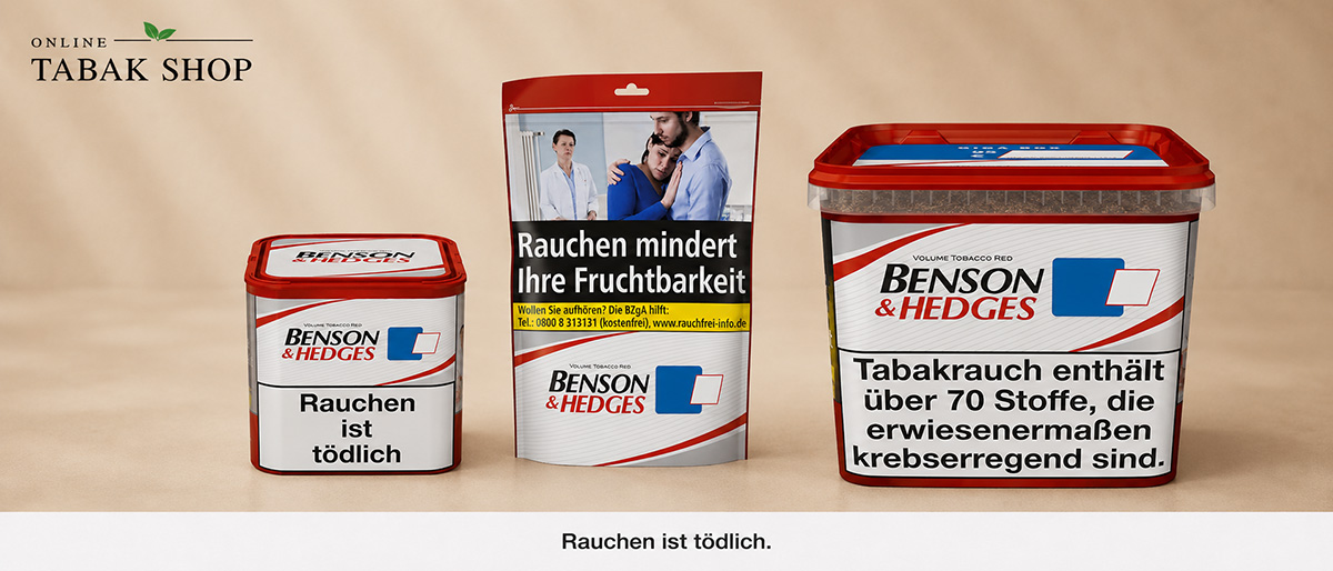 Benson & Hedges Volumentabak in Dose, Beutel und Eimer Benson & Hedges Tabak nach Größe nebeneinander: Klein Dose, Beutel, großer Eimer