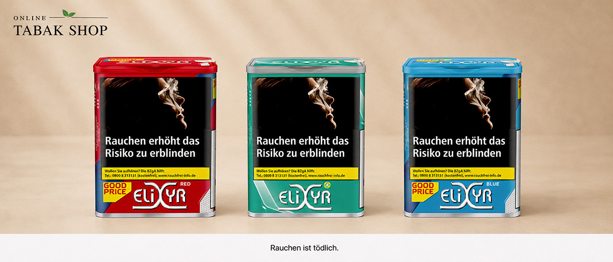 Elixyyr Tabakdosen mit Feinschnitt zum Drehen Elixyyr Tabakdosen Rot, Grün / Plus und Blau nach Stärke nebeneinander