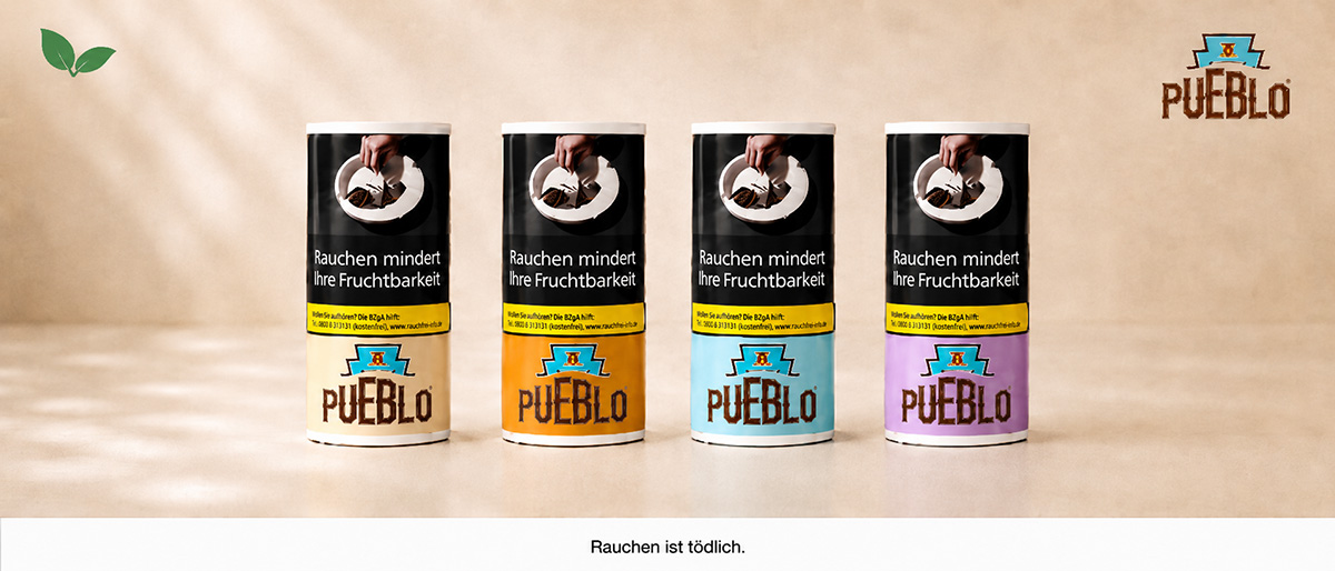 Pueblo Tabak Stärke Pueblo Tabak Pouches nebeneinander nach Stärke von der starken Classic links bis zur dezenten Pink rechts